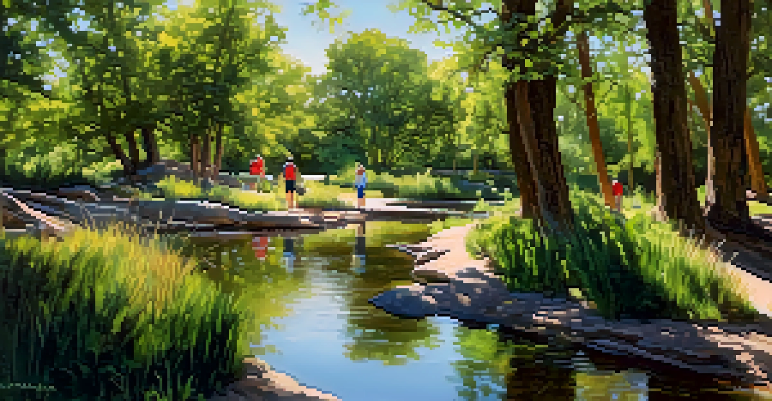A family hiking on a nature trail at the Great Plains Nature Center, surrounded by trees and wildlife.