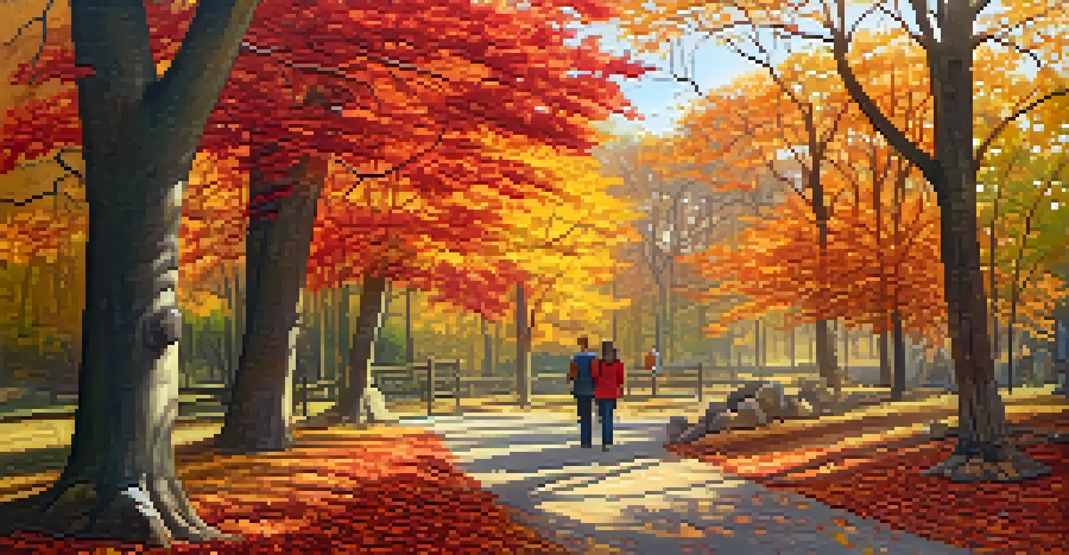 An autumn landscape in a Kansas wildlife park with vibrant trees, a family hiking on a trail, and sunlight streaming through the leaves.