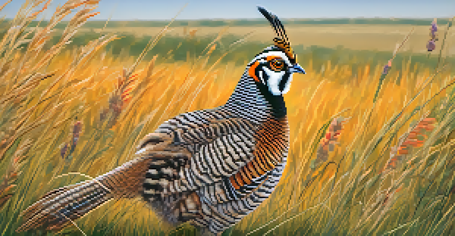 A Greater Prairie Chicken displaying its feathers among tall grass and flowers.