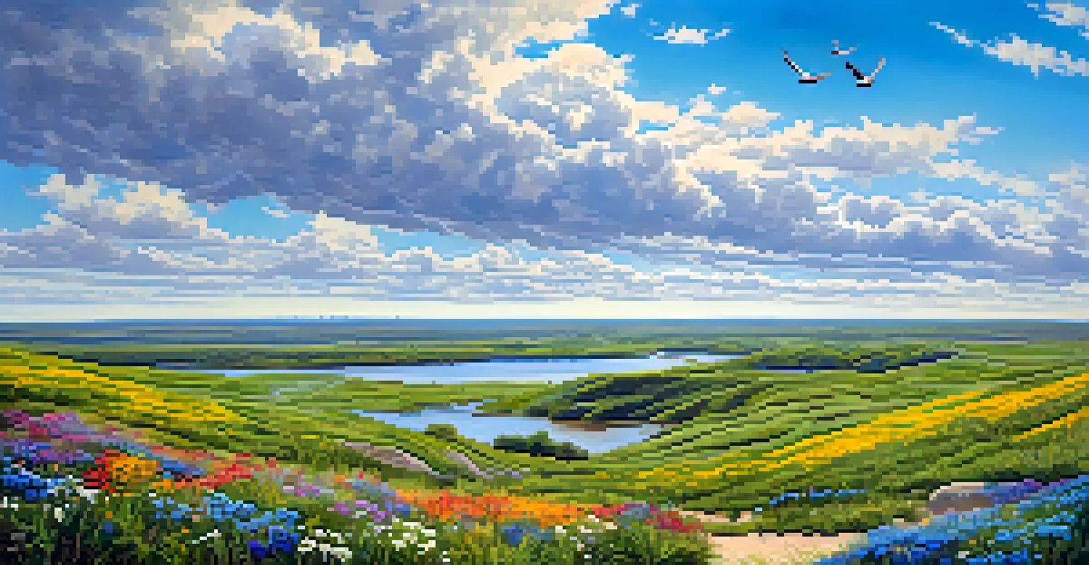 A colorful spring landscape at Konza Prairie Biological Station with wildflowers in bloom and bald eagles soaring in the blue sky.