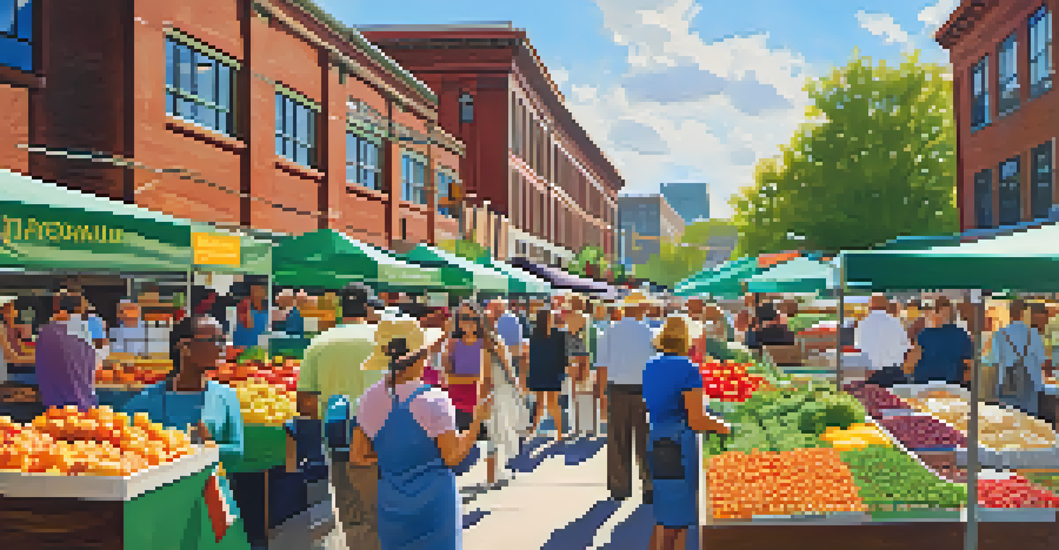 A vibrant farmers' market in Kansas City River Market with vendors selling fresh produce and happy shoppers exploring.