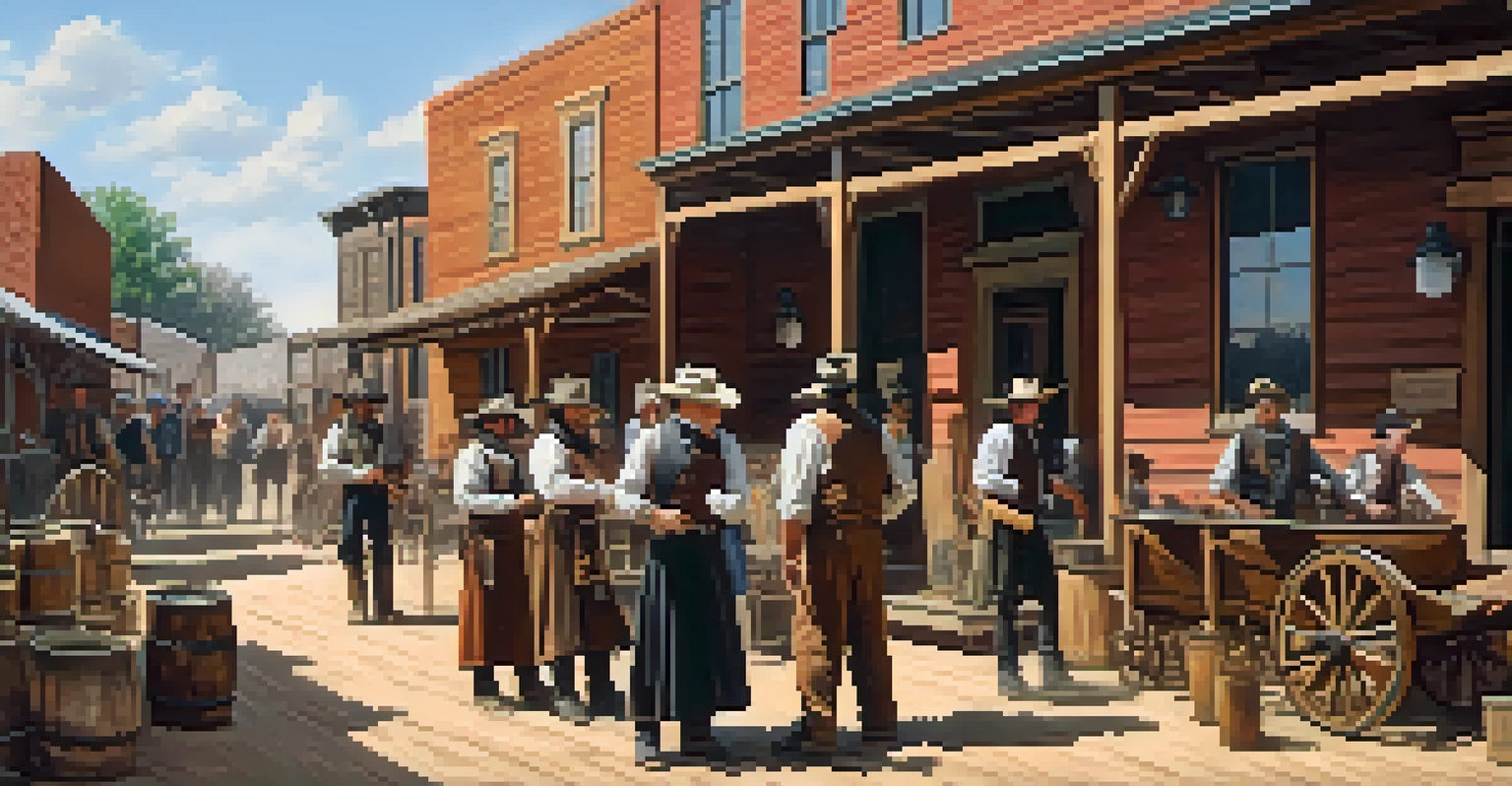 A lively 19th-century frontier street at the Old Cowtown Museum, with costumed interpreters and historic buildings under natural sunlight.