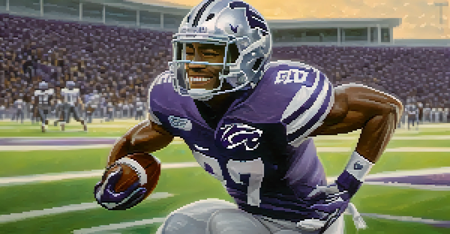 A confident Kansas State Wildcats football player in gear, holding a football, with a blurred field behind.