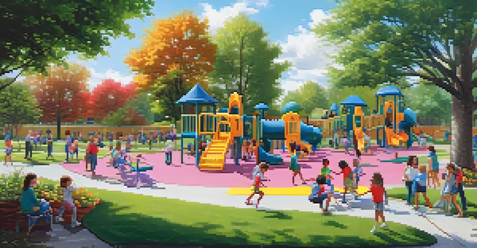 Students playing joyfully on a playground surrounded by nature, with teachers supervising to ensure safety and fun.