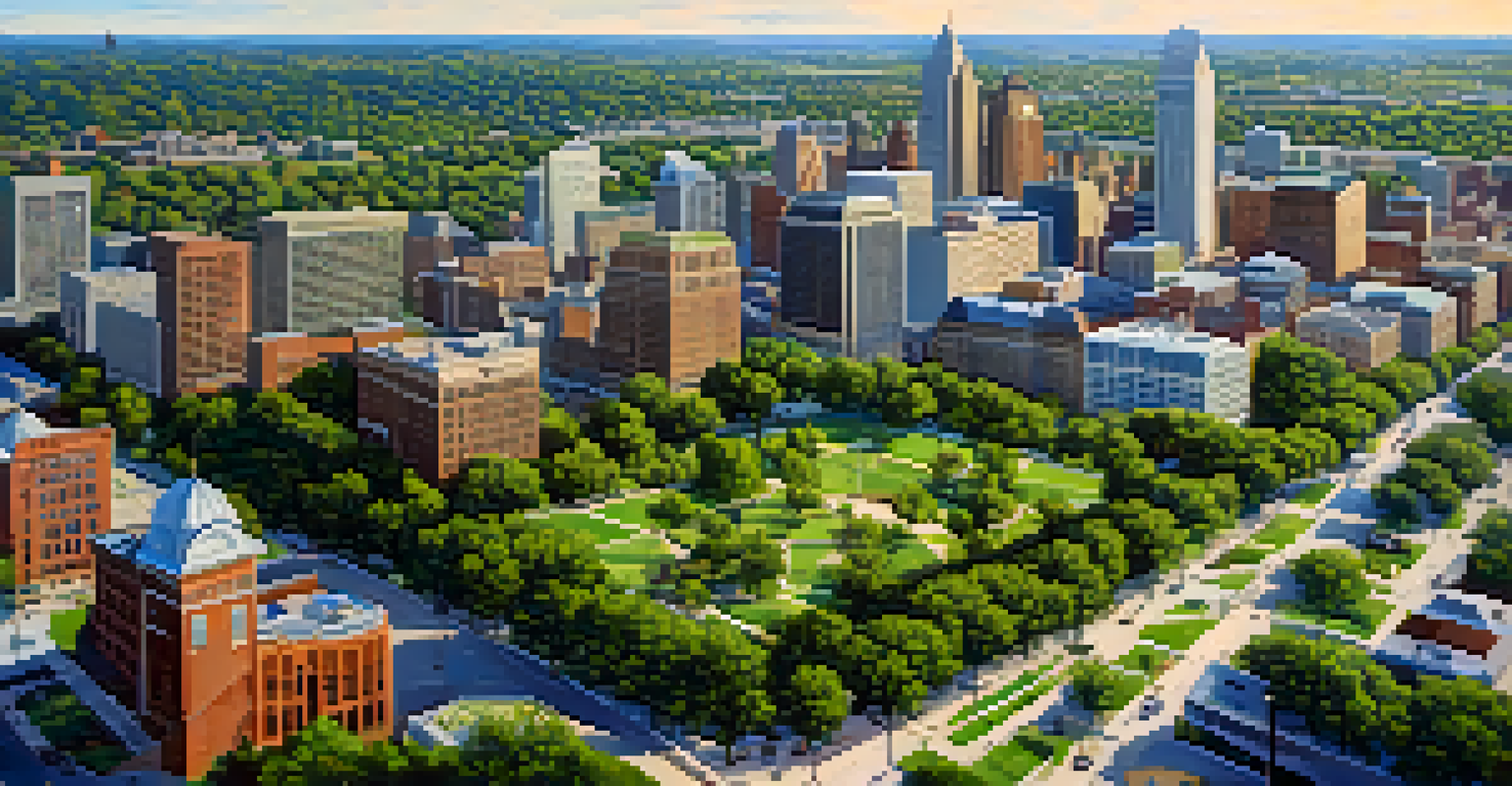 An aerial view of Kansas City with a mix of modern buildings and green urban forests, under a clear blue sky.