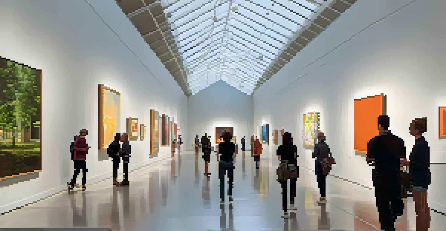 Inside the Kemper Museum of Contemporary Art, people viewing contemporary artworks in a spacious and bright gallery.