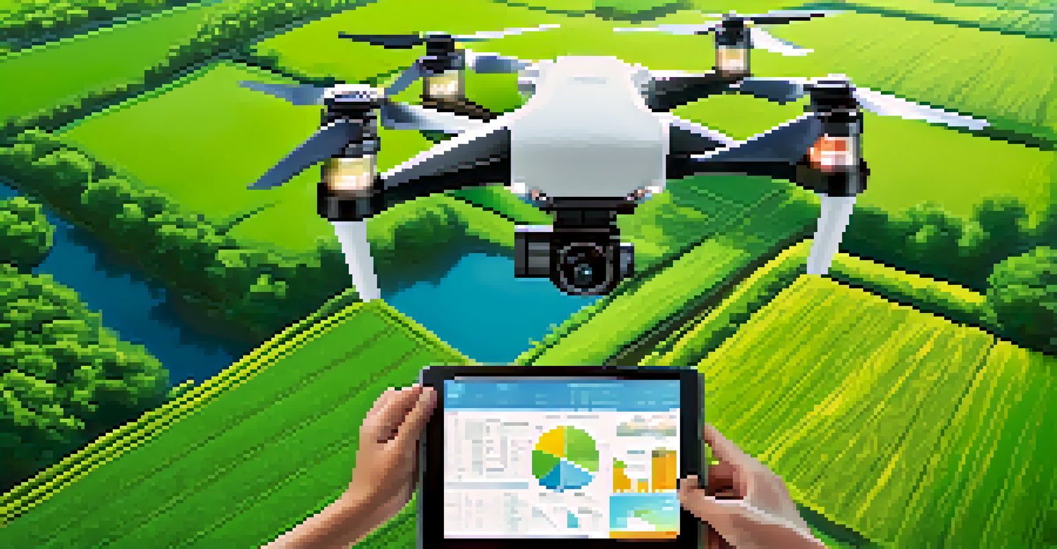 A farmer using technology in a green field with drones and data on a tablet.