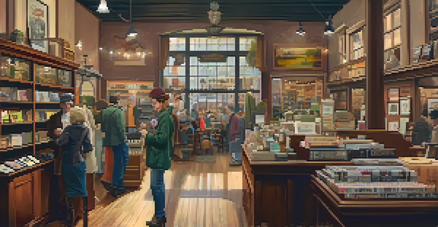 A cozy vintage shop in Kansas City River Market showcasing retro items and a friendly shopkeeper.