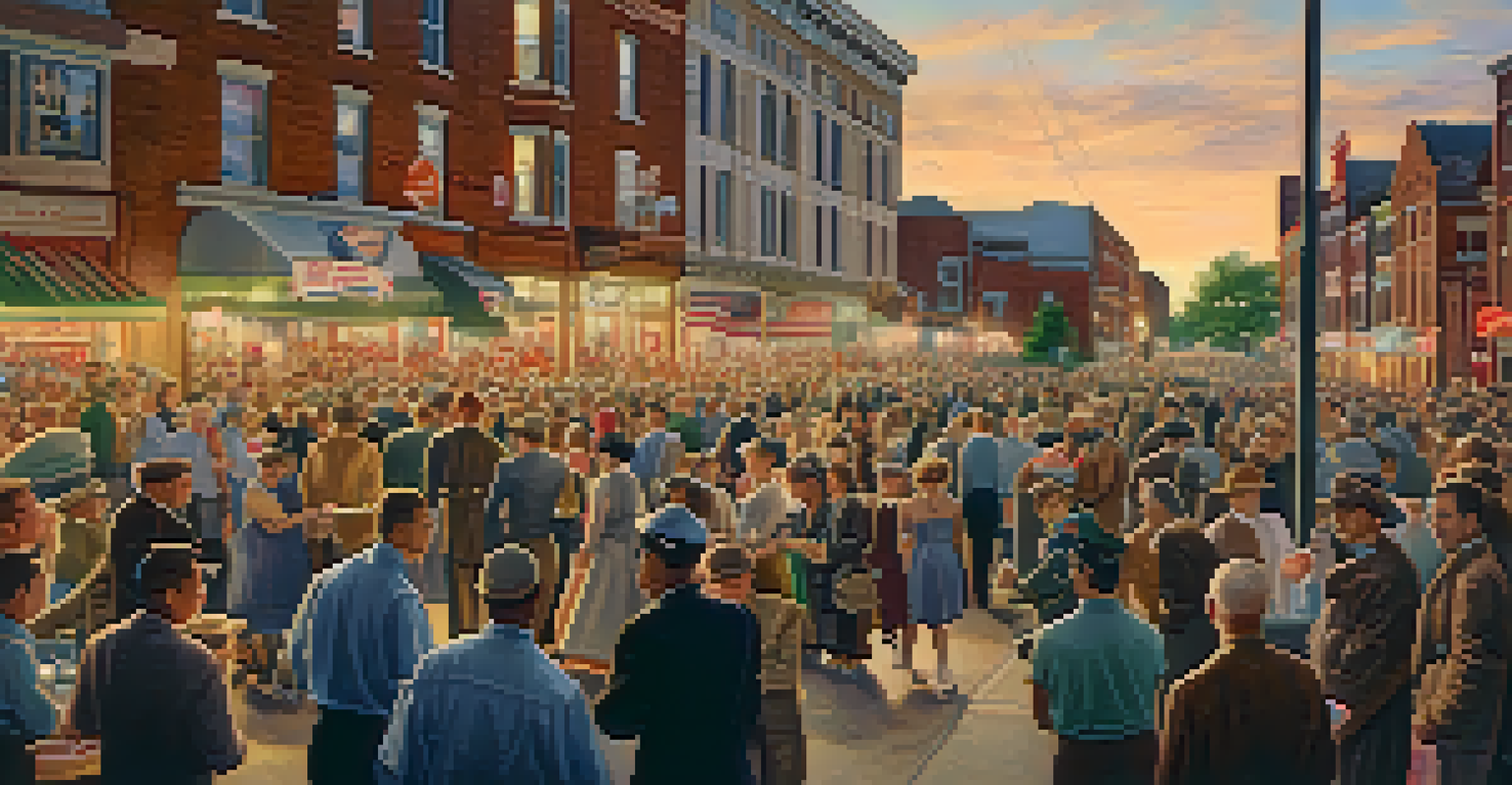 A community gathering in Kansas City during World War II, showing residents engaged in a fundraising event with decorations and a warm evening light atmosphere.