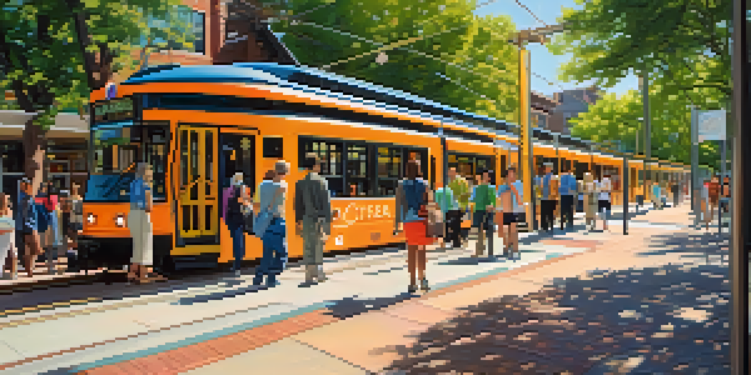 A busy streetcar station in Kansas City with people boarding a modern streetcar, colorful banners, and green spaces under a sunny sky.