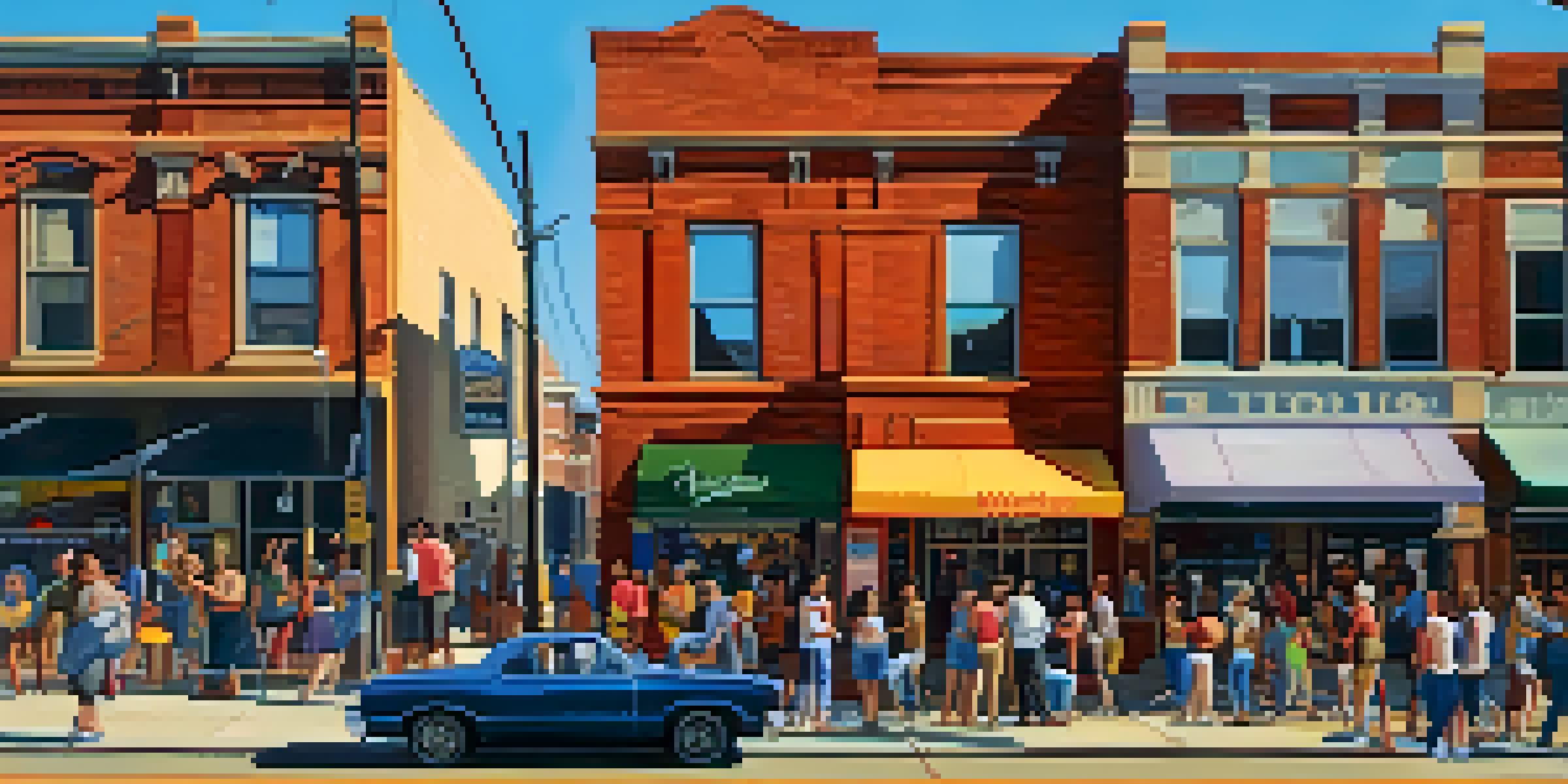 A lively street scene in Kansas City with artists, musicians, and diverse people interacting in a sunlit environment.