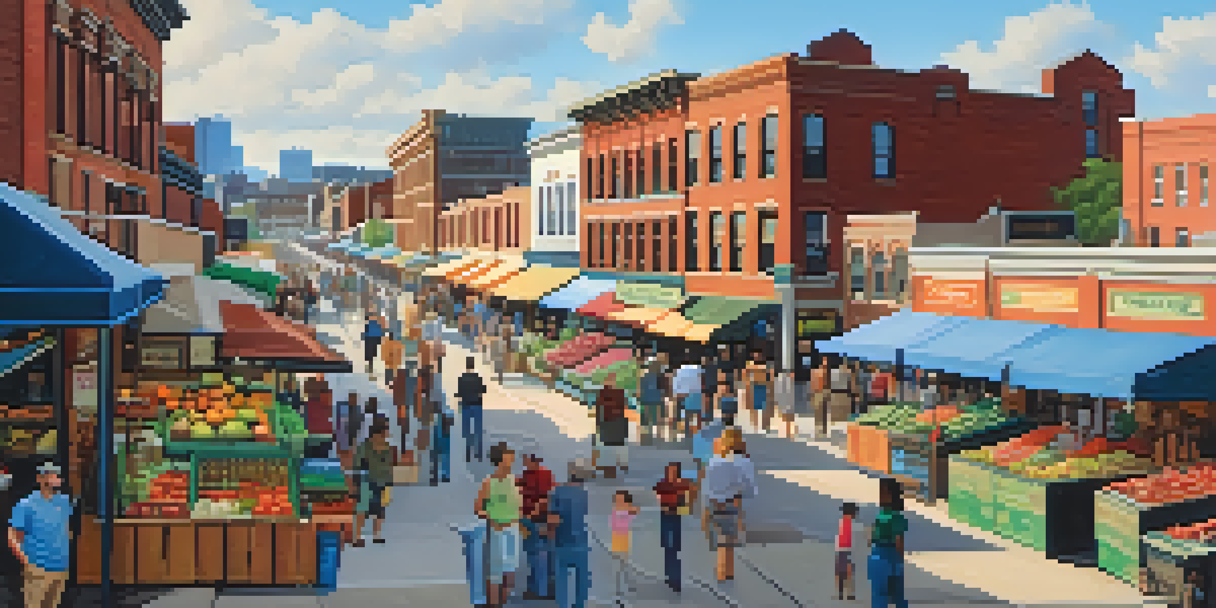 A lively street scene in Kansas City River Market with colorful stalls and diverse people enjoying the market atmosphere.