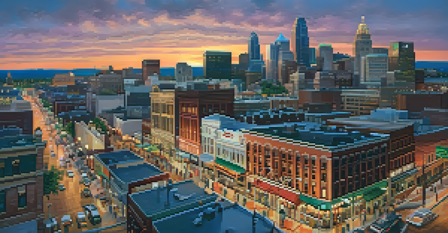 Aerial view of the Power & Light District in Kansas City, showcasing lively restaurants and shops illuminated at sunset.
