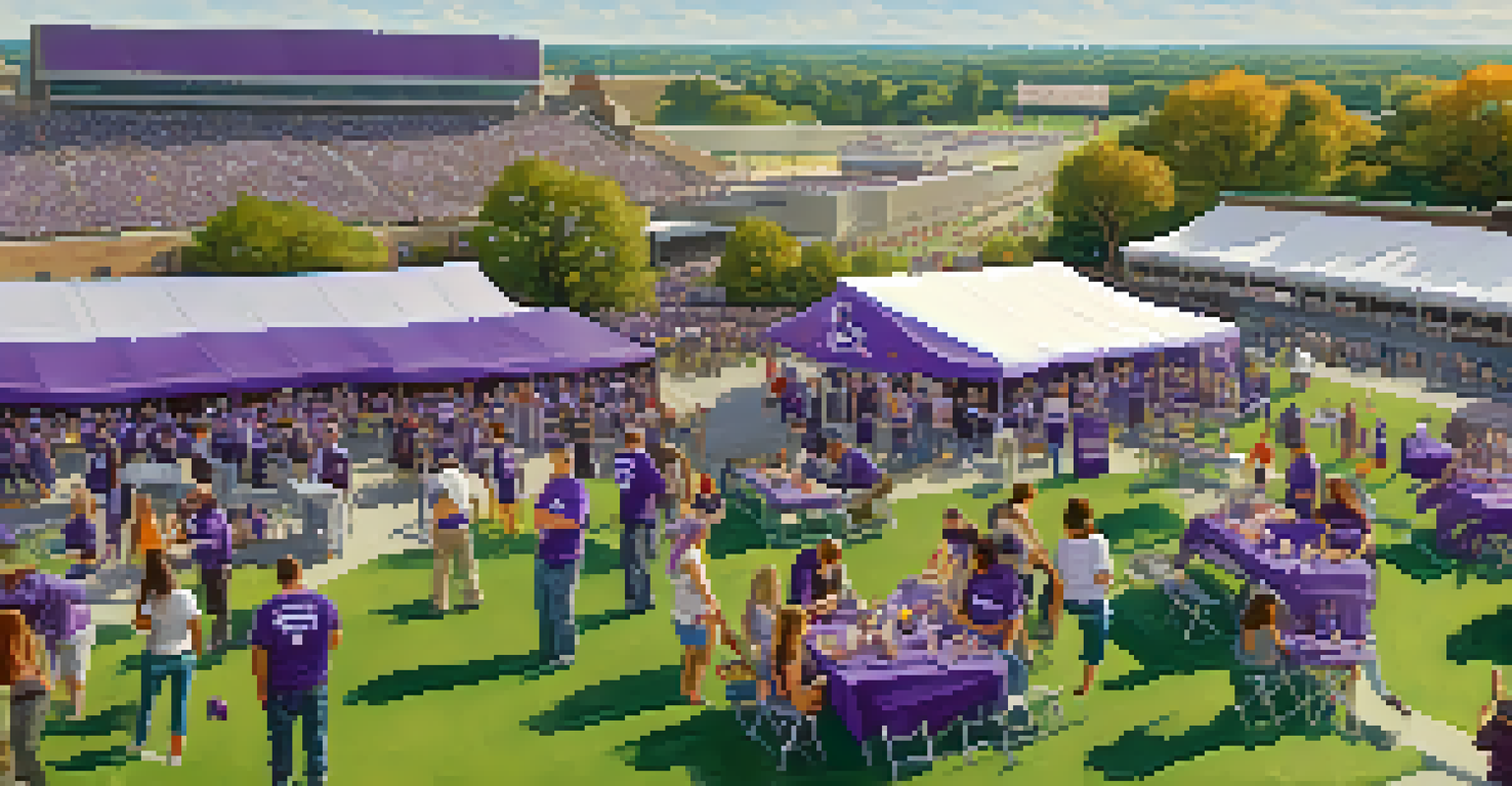 A bustling tailgating scene with fans enjoying food and drinks outside the stadium.