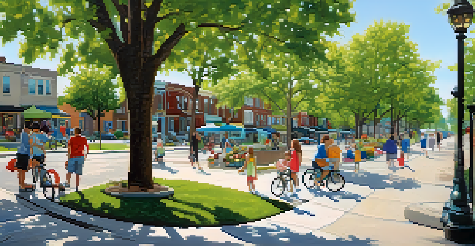 A lively pedestrian-friendly neighborhood in Kansas City with people walking, children playing, public art, and bicycles parked.