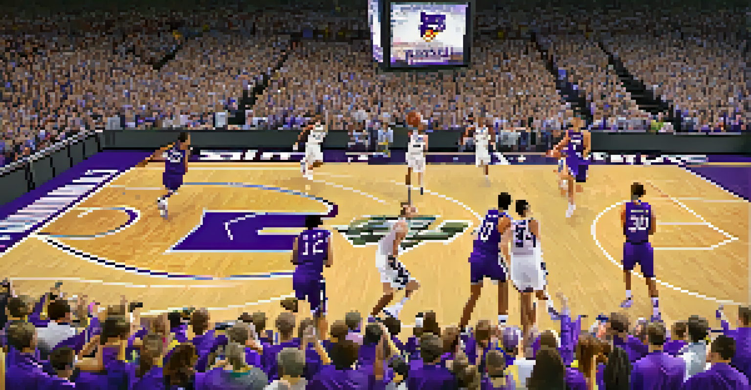 Kansas State Wildcats basketball players in action during an NCAA tournament game with a cheering crowd in the background.