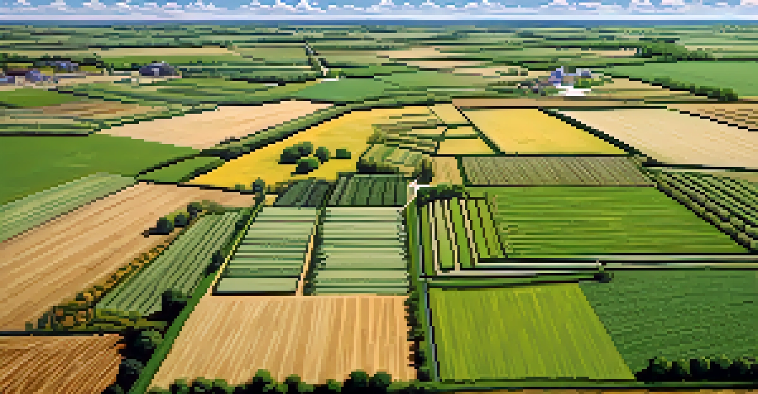 An aerial perspective of a sustainable farming demonstration at Kansas State University, highlighting varied crop patterns under a clear blue sky.