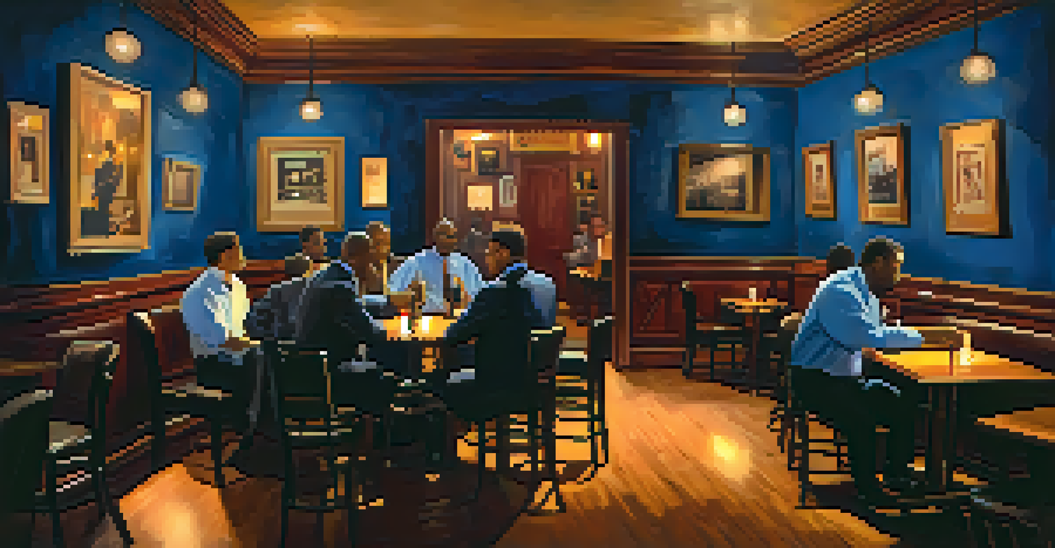 The interior of the Blue Room, a historic jazz venue, with a jazz band performing on stage and patrons enjoying the music in a cozy setting.