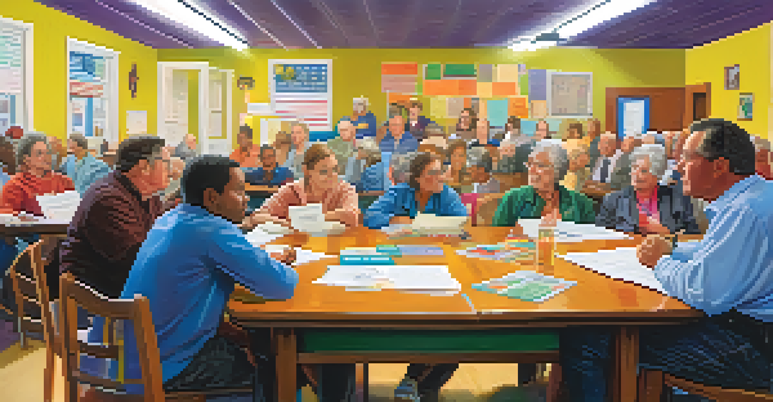 A community meeting in Kansas focused on education funding, with diverse participants discussing around a table.