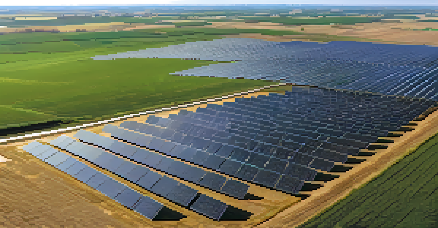 An aerial view of a solar farm in Kansas with solar panels and surrounding green fields at sunset.