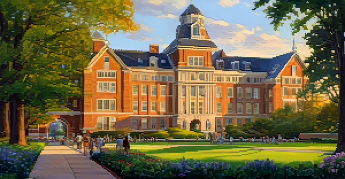 A picturesque scene of Kansas State University with students on campus, green trees, and historic buildings under a sunset.