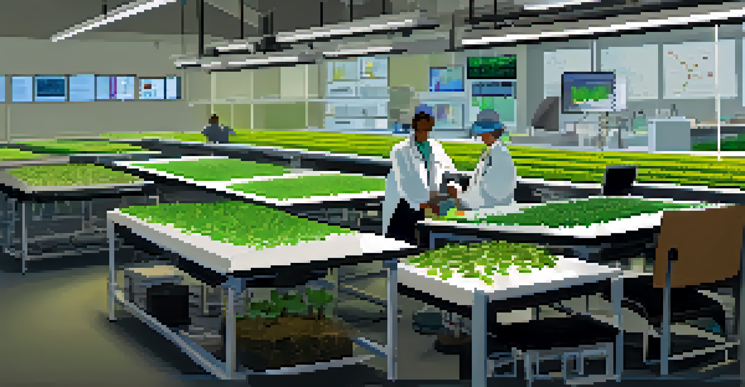 Scientists and farmers in a lab at Kansas State University examining plant samples and data charts.