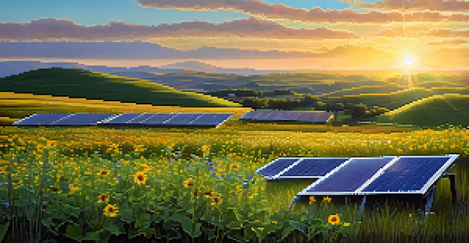 A close-up of solar panels in Kansas under bright sunshine with wildflowers in the foreground.