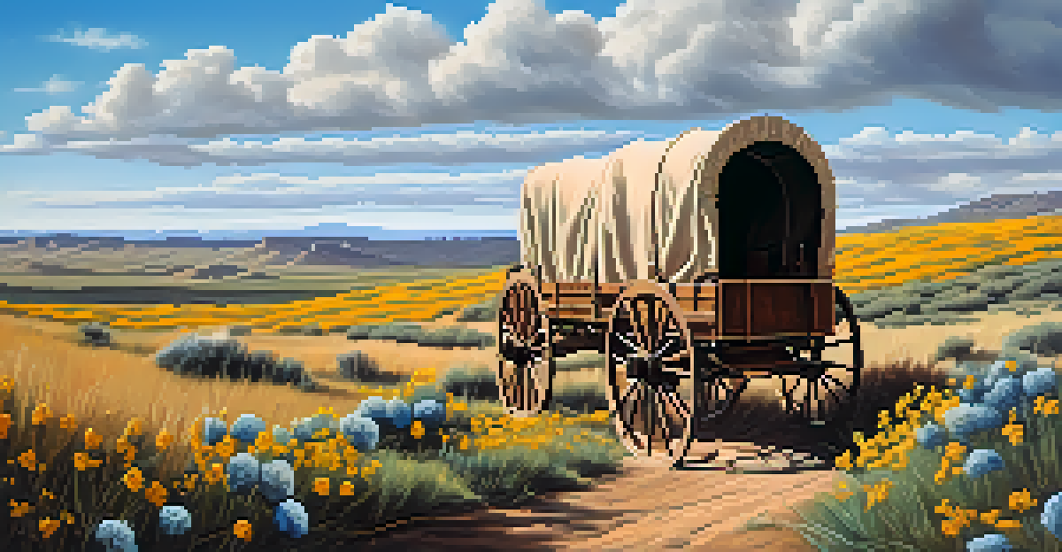 A vintage wagon on the Historic Santa Fe Trail with wildflowers and historical landmarks in the background.