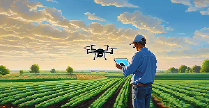 A farmer in Kansas inspecting crops with a tablet while a drone hovers above in a lush green field under a bright blue sky.