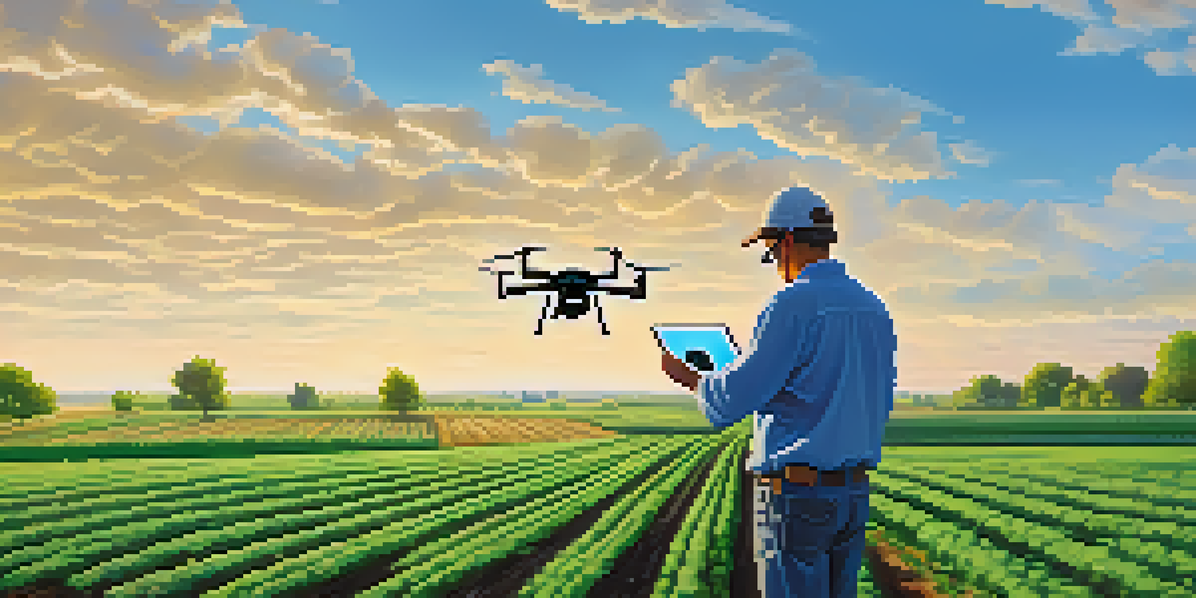 A farmer in Kansas inspecting crops with a tablet while a drone hovers above in a lush green field under a bright blue sky.