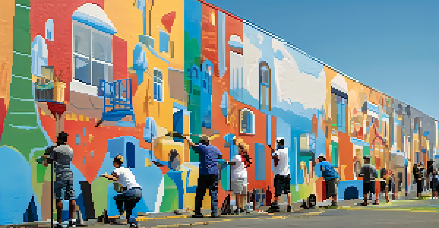 Local artists working together on a community mural, showcasing collaboration and creativity in an outdoor setting.