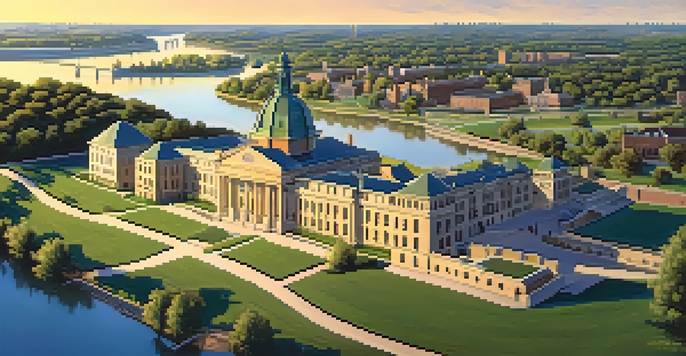 A wide view of Fort Leavenworth with historic buildings and the Missouri River in the background under a blue sky.