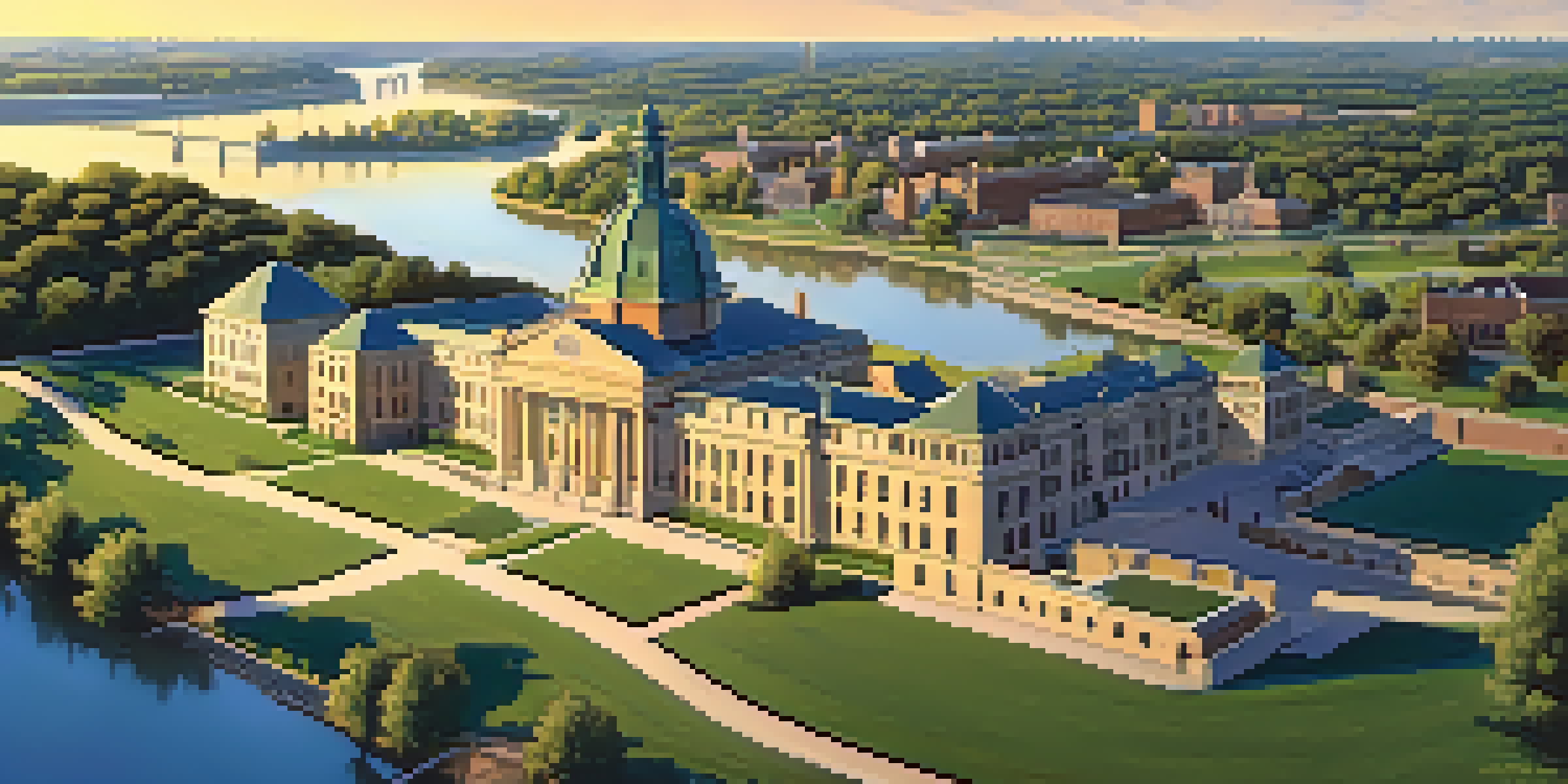 A wide view of Fort Leavenworth with historic buildings and the Missouri River in the background under a blue sky.