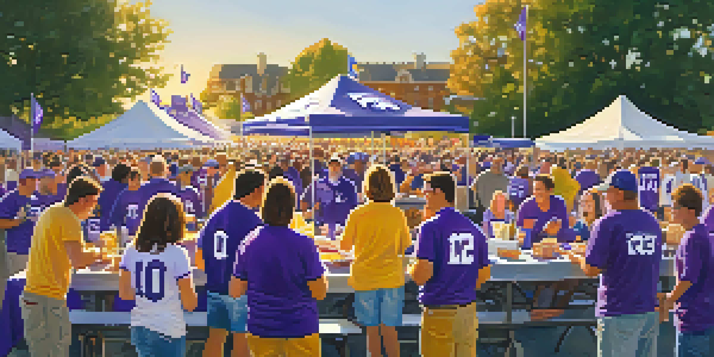 A lively tailgate scene at Kansas State University with fans in purple jerseys enjoying food and drinks as the sun sets.