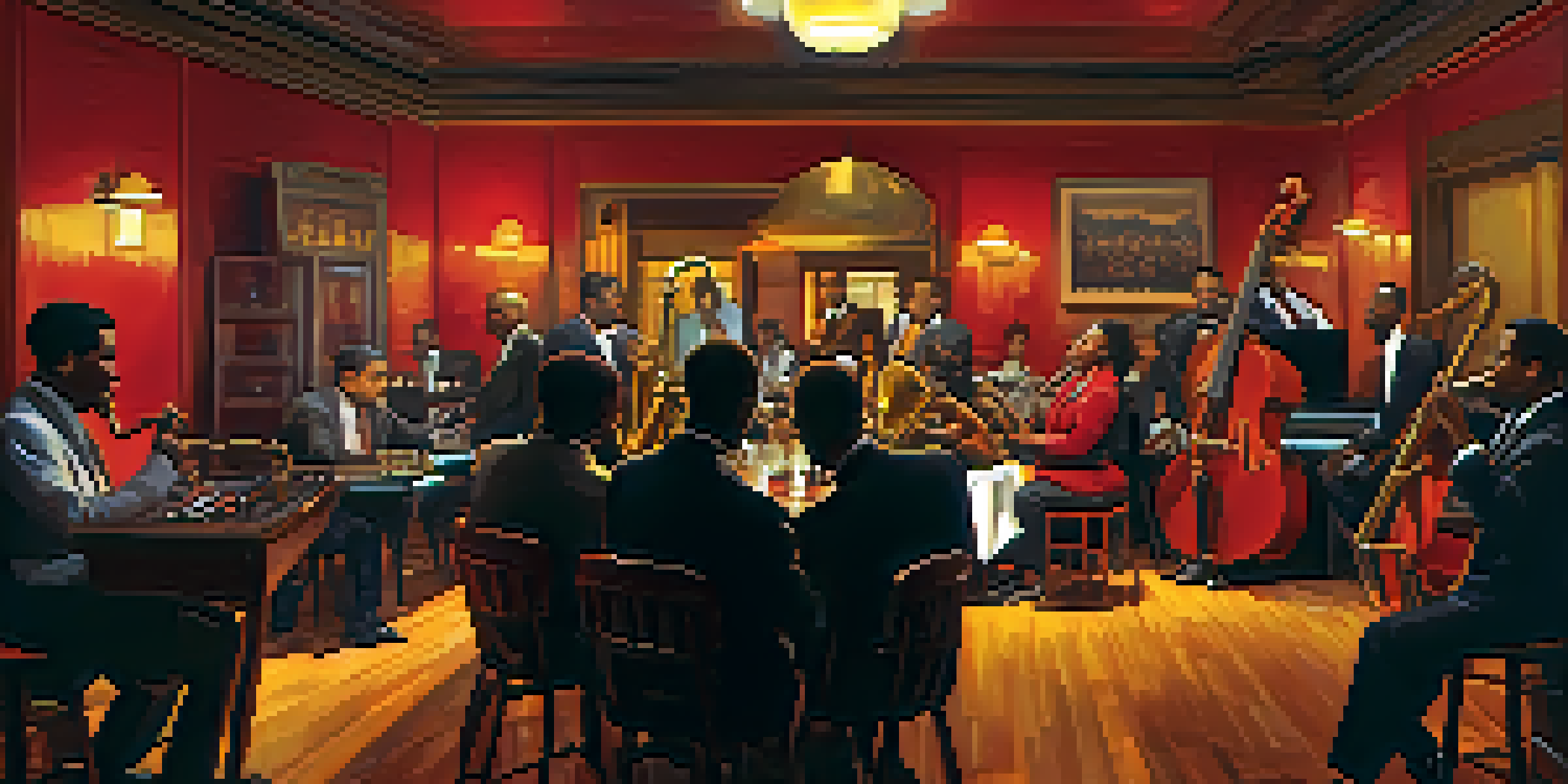A vibrant jazz club with musicians playing on stage and patrons enjoying the performance at their tables.
