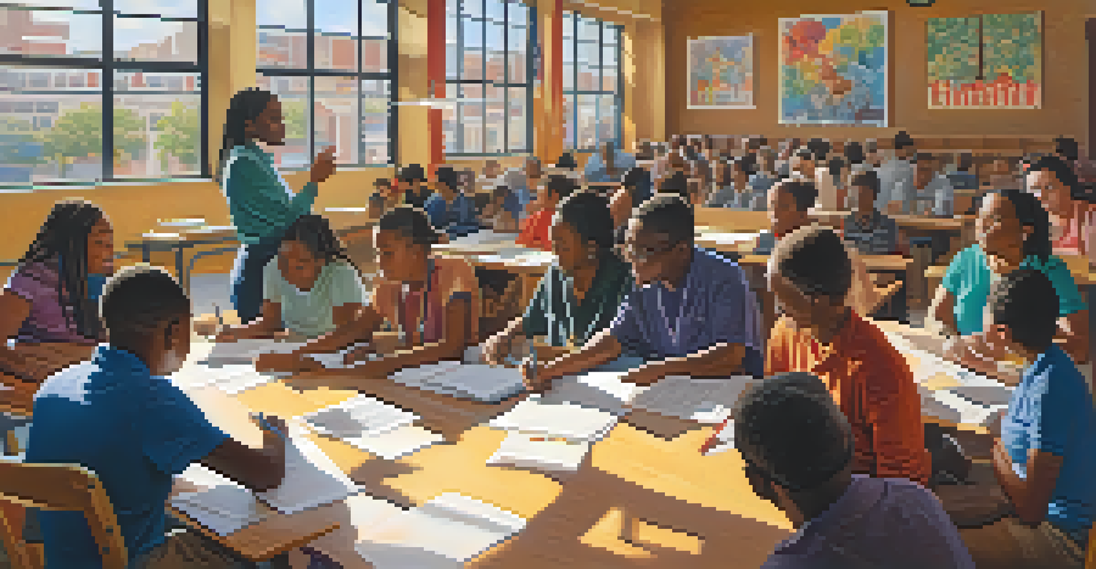 An interior view of a community center in Kansas City with diverse individuals participating in a language class, illuminated by natural light.
