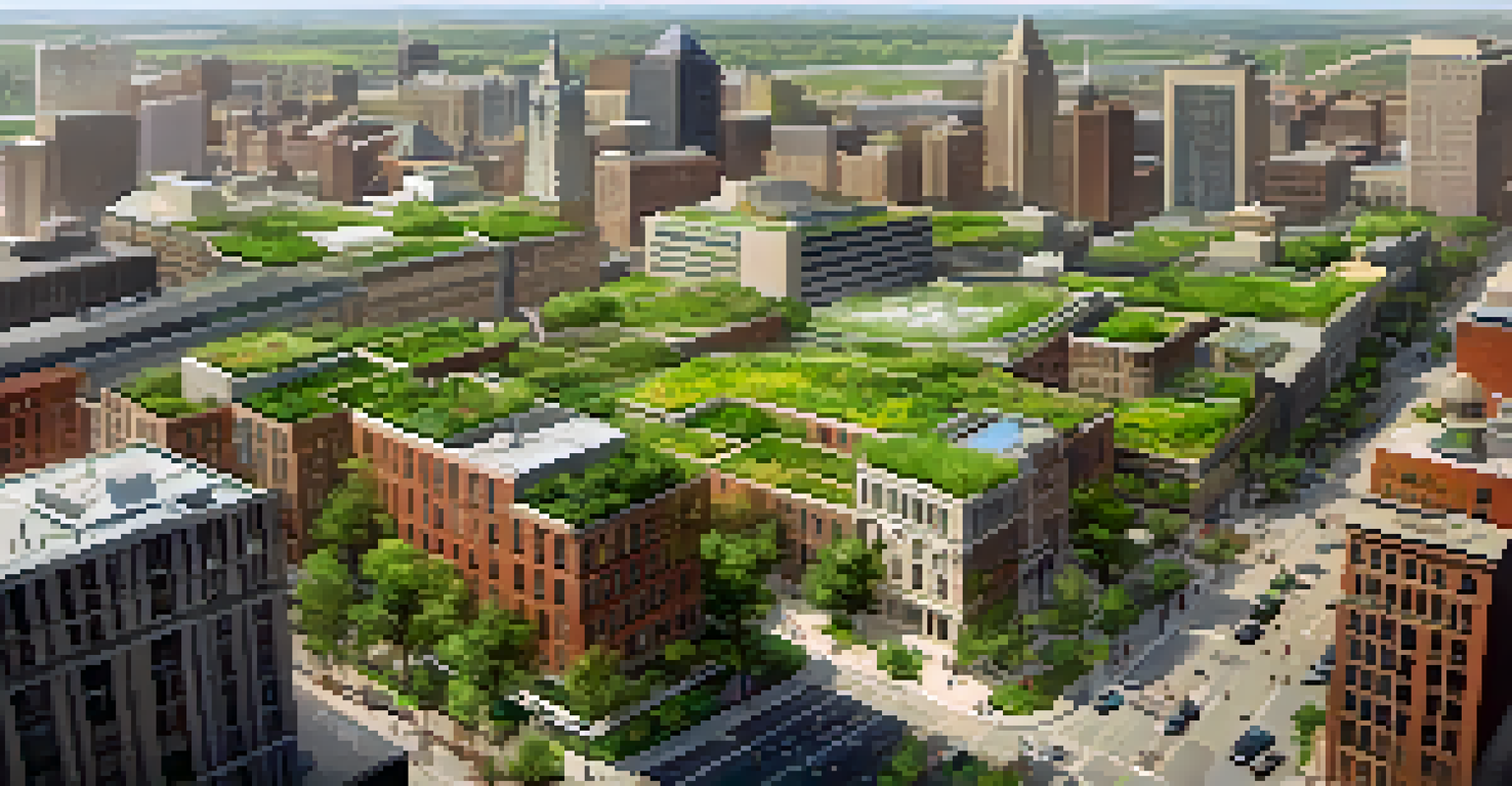 An aerial view of a Kansas city with green roofs and rain gardens demonstrating sustainable urban planning.