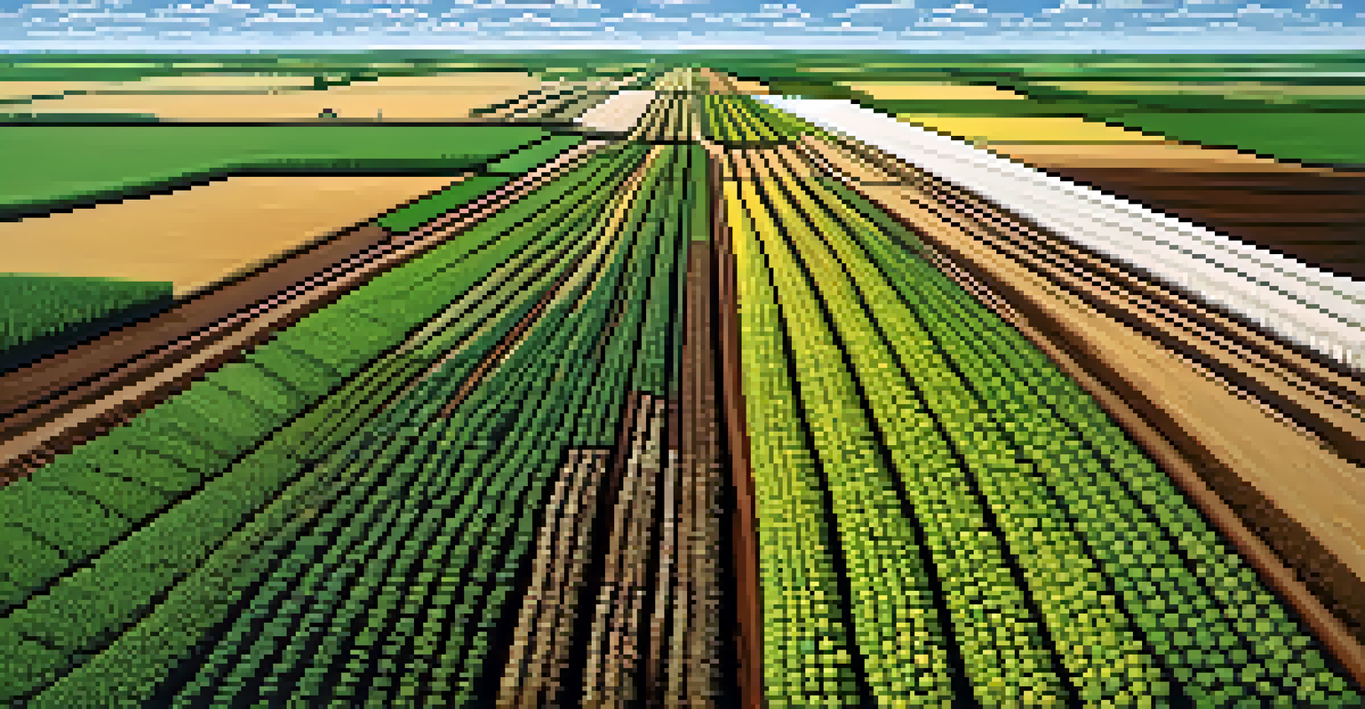 An aerial view of colorful crop fields in Kansas showing rows of soybeans and wheat under a blue sky.
