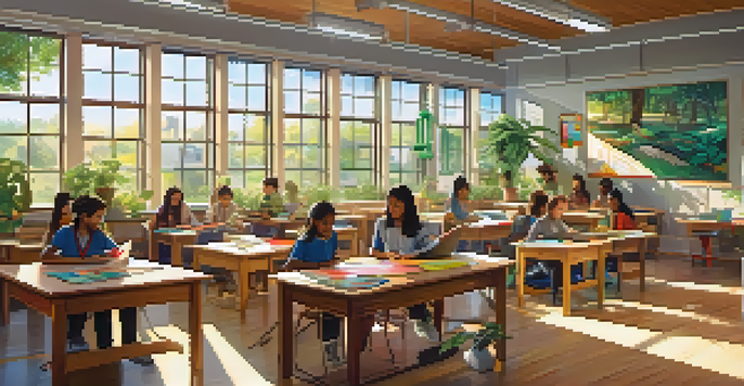 A bright and welcoming classroom with students of different ethnicities working together on a project, with sunlight pouring in through the windows.