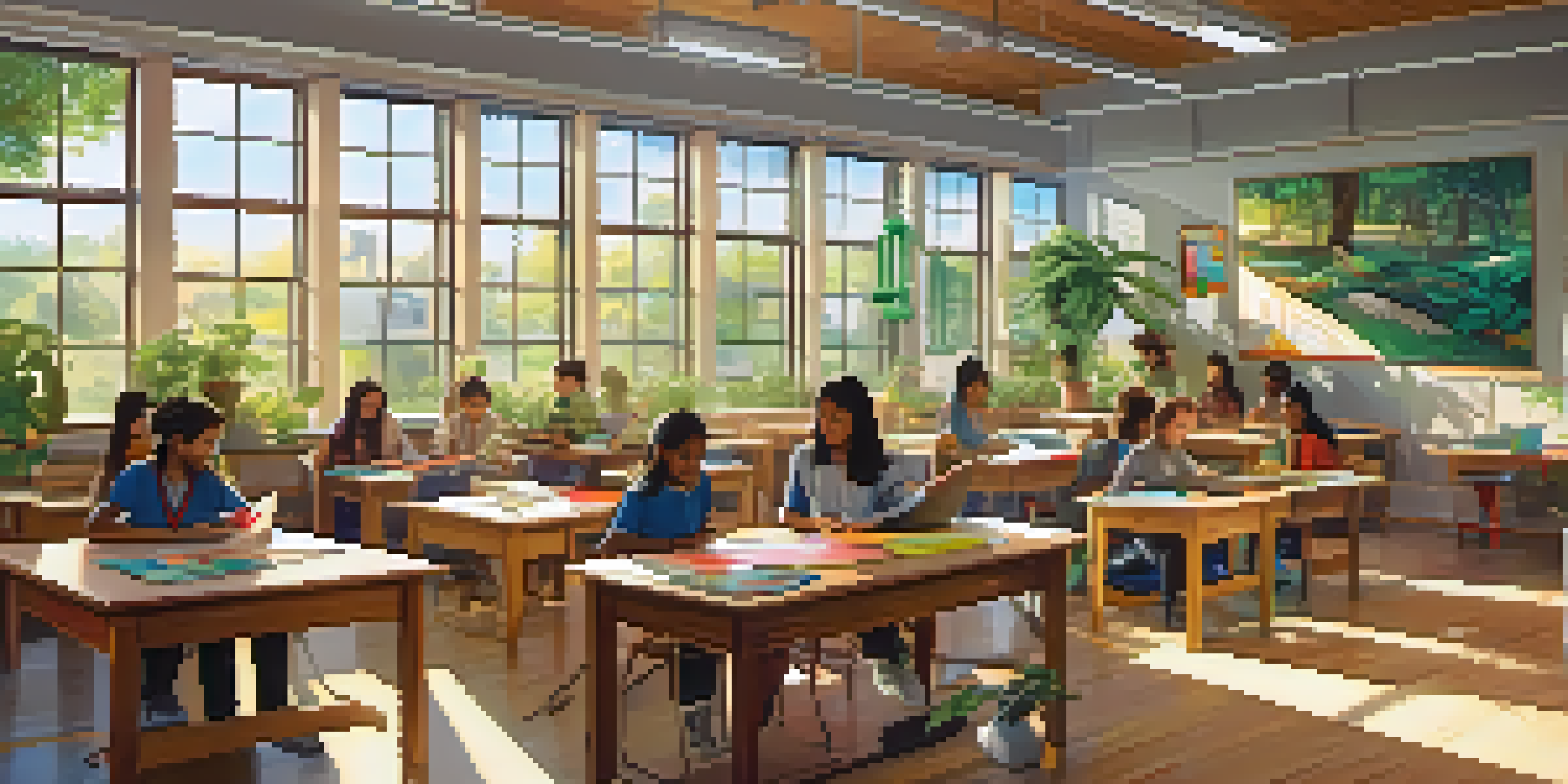A bright and welcoming classroom with students of different ethnicities working together on a project, with sunlight pouring in through the windows.