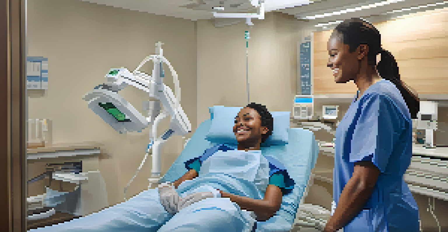 A healthcare professional in scrubs discussing treatment options with a patient in a modern examination room, showcasing empathy and advanced medical technology.