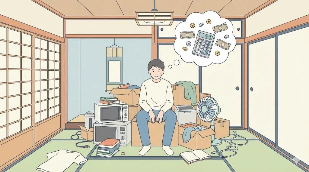 Illustration of a resident worrying about moving and disposing of furniture and appliances in Japan