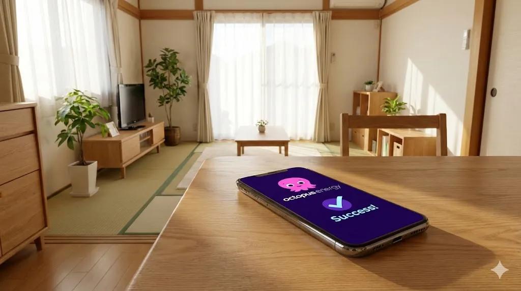 Smartphone showing Octopus Energy app on a table in a sunny Japanese apartment