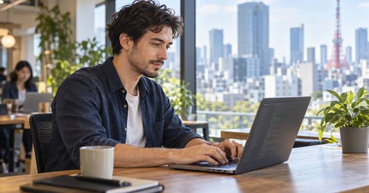 Un ingeniero de software autónomo trabajando con un portátil en un espacio de coworking en Japón