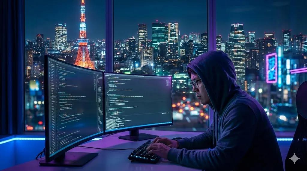 東京の高層ビル夜景を背景に、オフィスでコードを書く外国人ソフトウェアエンジニア