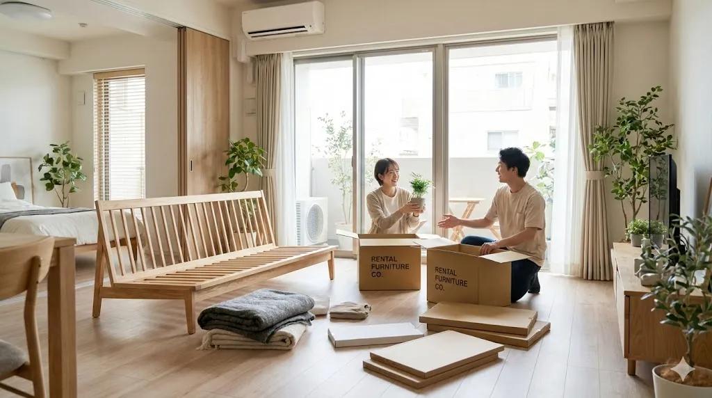 A couple moving furniture into a Japanese rental apartment to start their new life