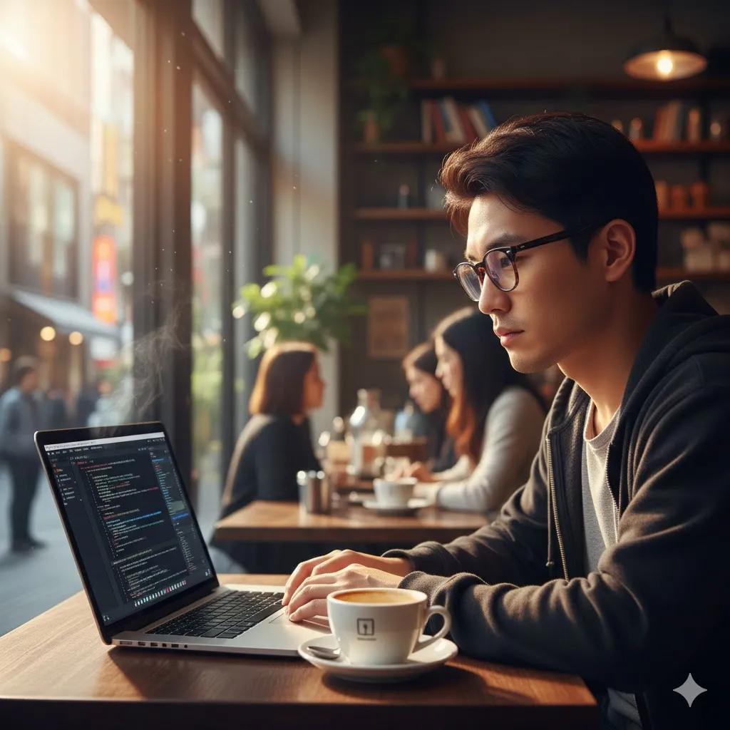 おしゃれな東京のカフェで熱心にプログラミングを勉強している若い外国人男性。画面にはコード。カジュアルだが決意に満ちた雰囲気。