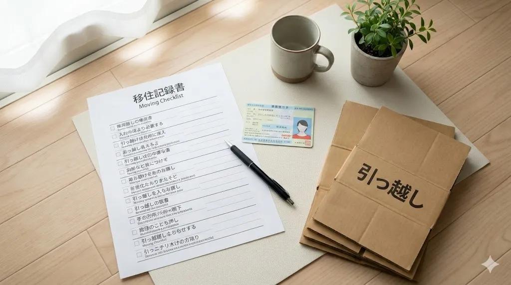 Image of a moving checklist in Japan, a Residence Card, and cardboard boxes in a room