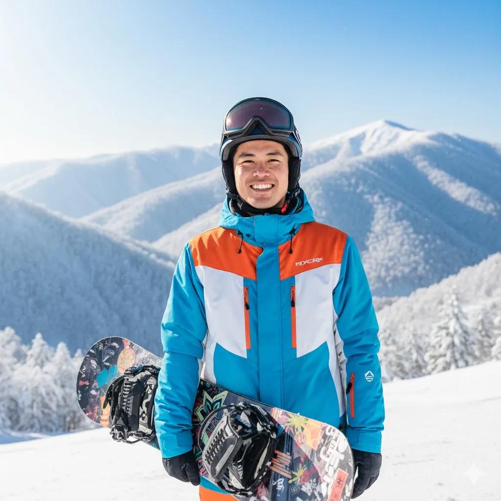 日本のスキーリゾートでスノーボードを楽しむ外国人とリゾートバイトのイメージ