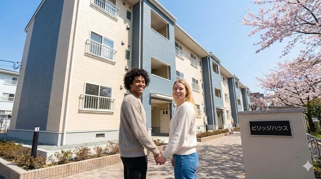 Casal de estrangeiros em frente a um conjunto habitacional estilo Village House